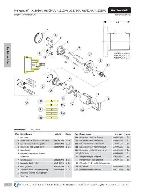 Explosionszeichnung eines Ideal Standard Griffadapters für Archimodule mit Teilenummern und Montageanleitung, inklusive Komponentenübersicht.